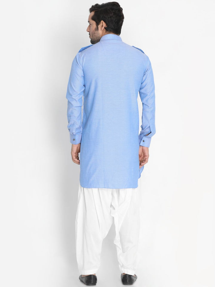 Sarvati Men's Blue Cotton Blend Kurta and Patiala Set