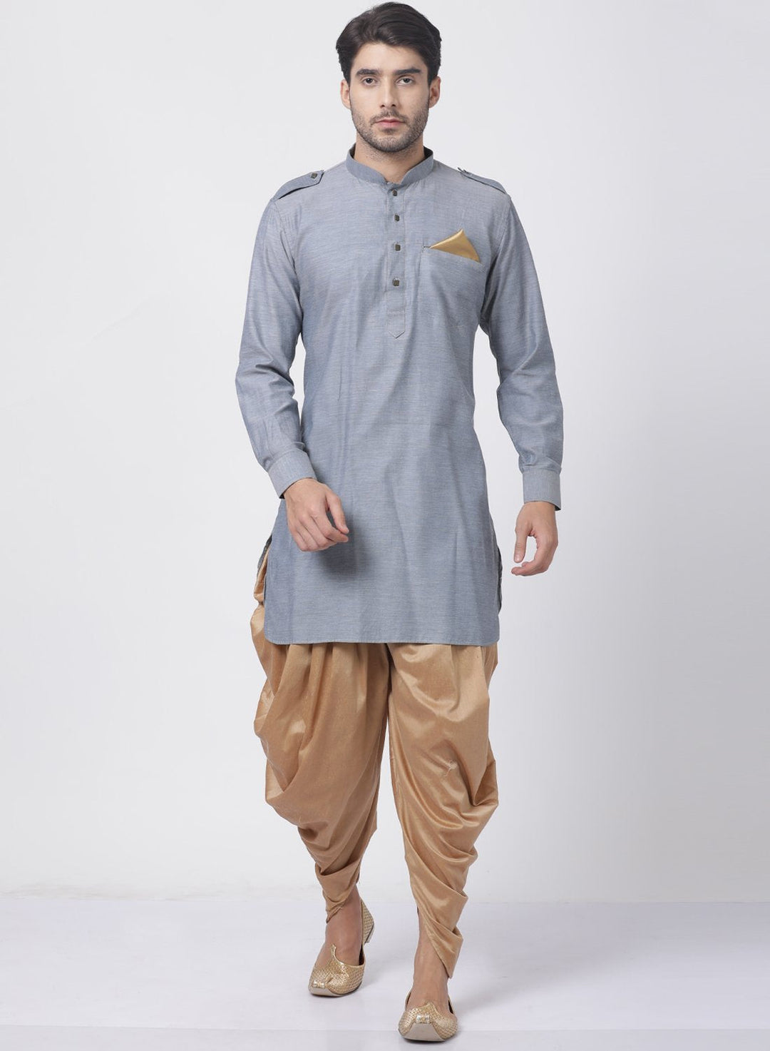 Sarvati Men's Grey Cotton Kurta and Dhoti Pant Set