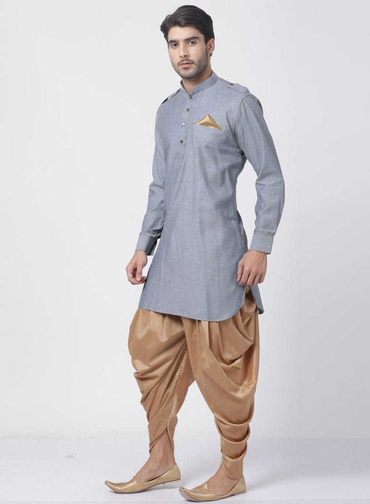 Sarvati Men's Grey Cotton Kurta and Dhoti Pant Set