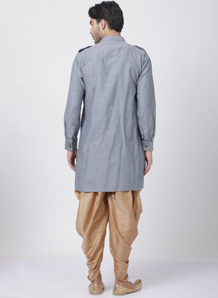 Sarvati Men's Grey Cotton Kurta and Dhoti Pant Set