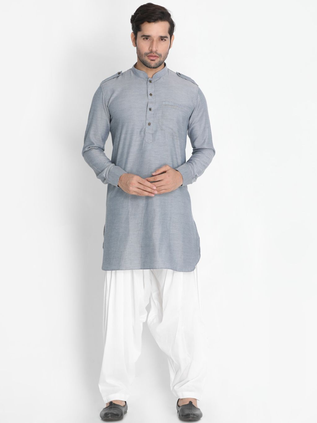 Sarvati Men's Grey Cotton Blend Kurta and Patiala Set