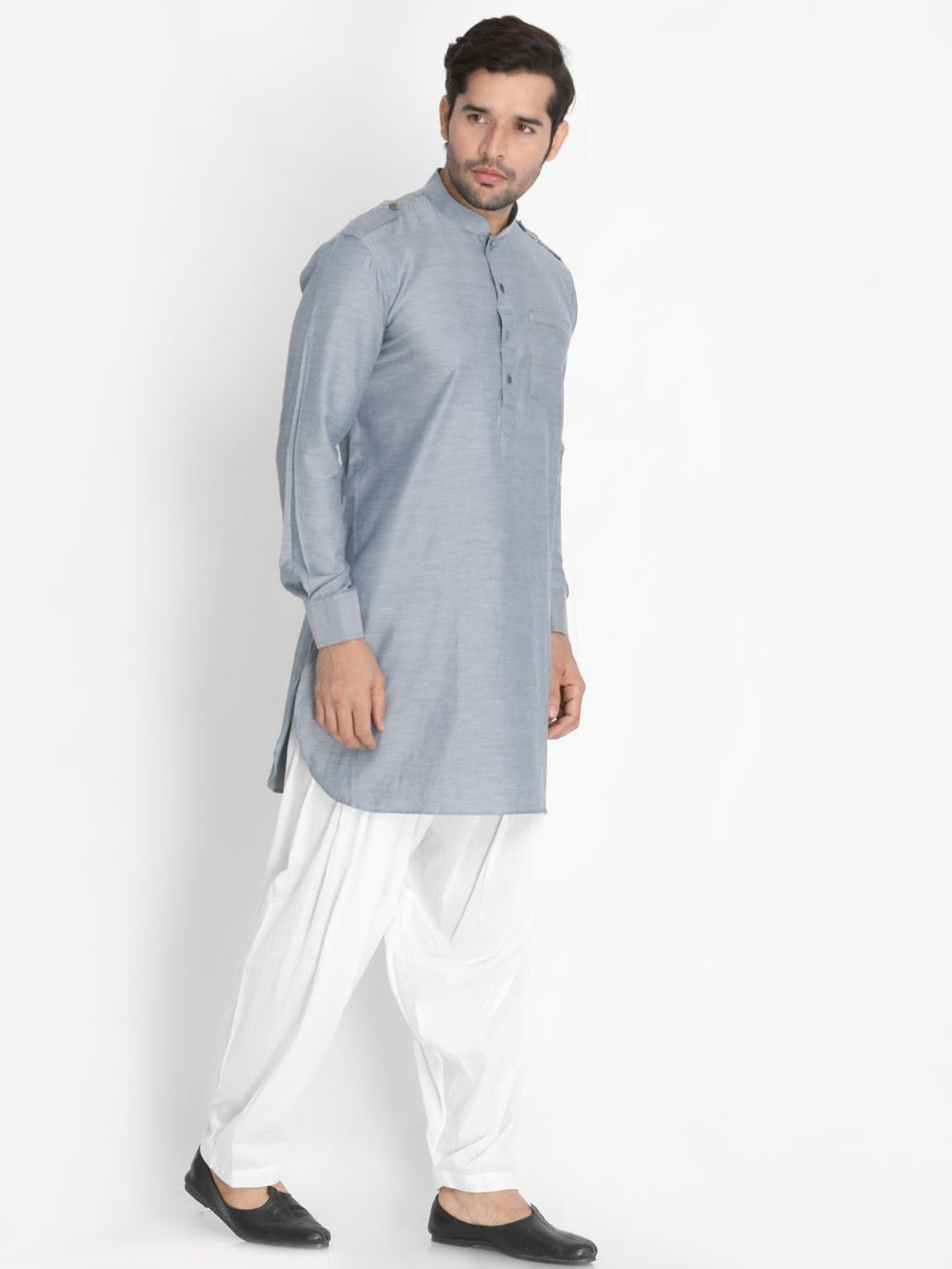 Sarvati Men's Grey Cotton Blend Kurta and Patiala Set