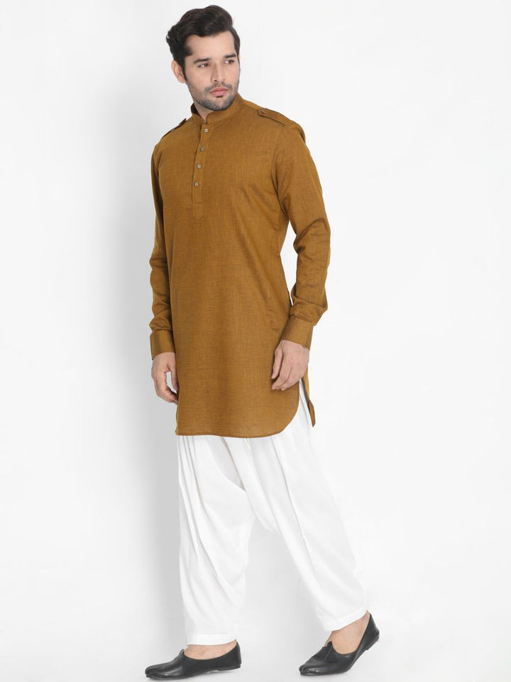 Sarvati Men's Brown Cotton Blend Kurta and Patiala Set