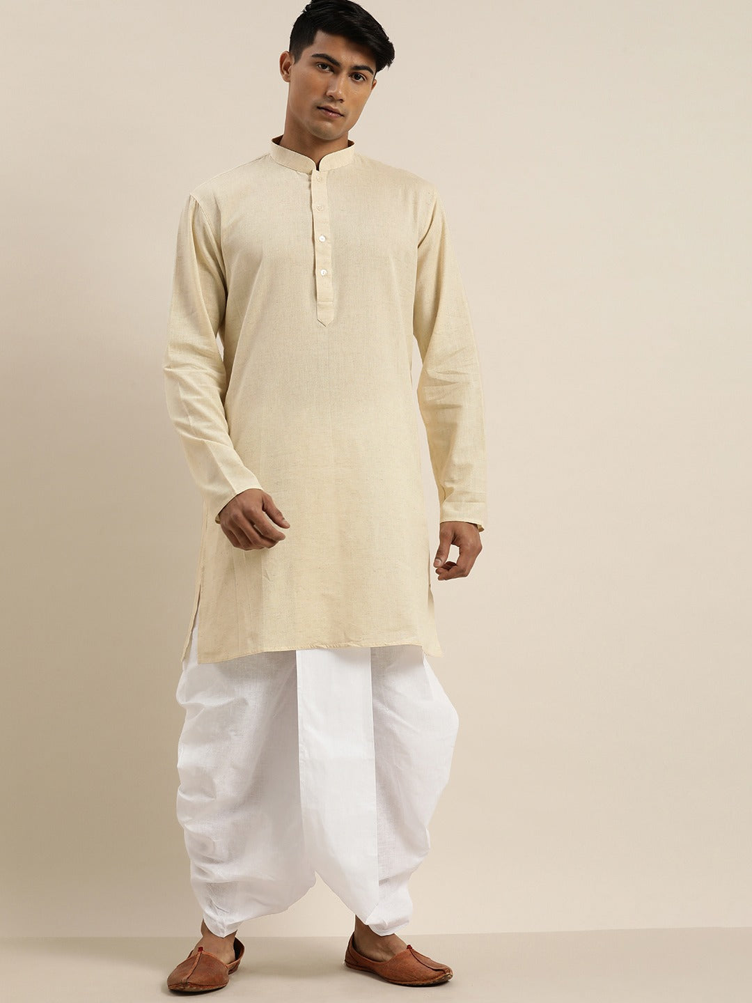 Sarvati Men's Beige Pure Cotton Kurta with Dhoti Pant Set