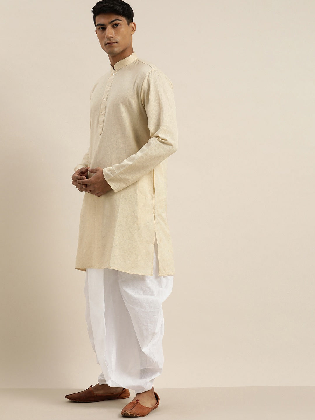 Sarvati Men's Beige Pure Cotton Kurta with Dhoti Pant Set