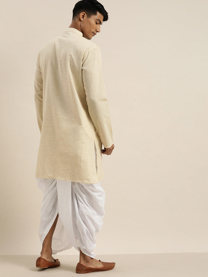 Sarvati Men's Beige Pure Cotton Kurta with Dhoti Pant Set