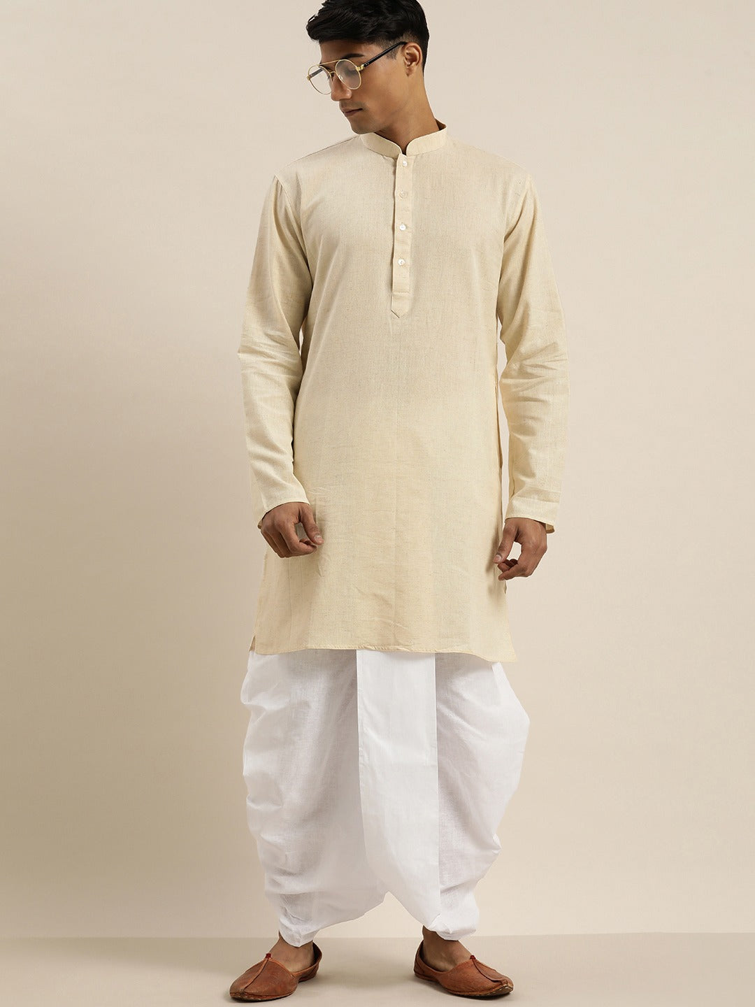 Sarvati Men's Beige Pure Cotton Kurta with Dhoti Pant Set