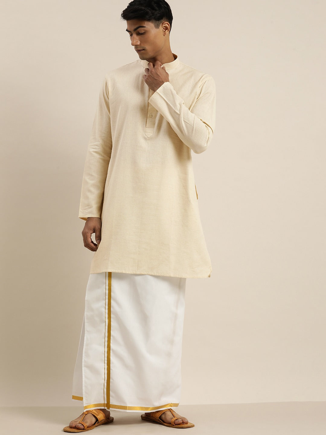 Sarvati Men Cream Pure Cotton Kurta with Mundu