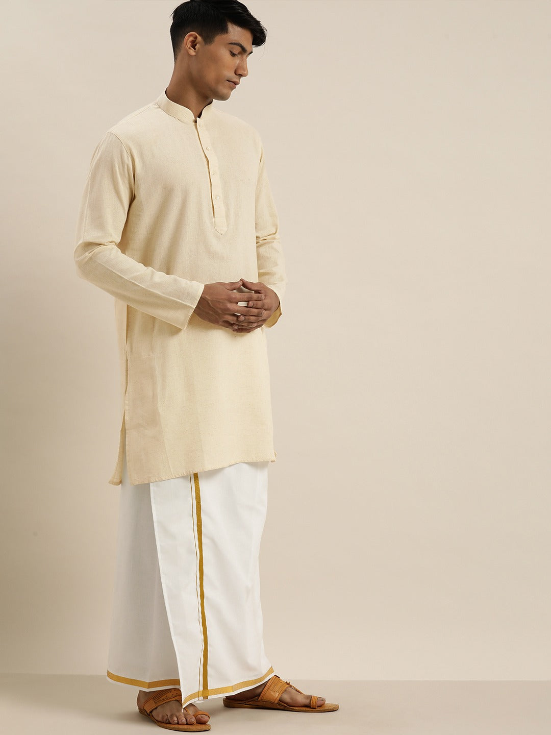 Sarvati Men Cream Pure Cotton Kurta with Mundu