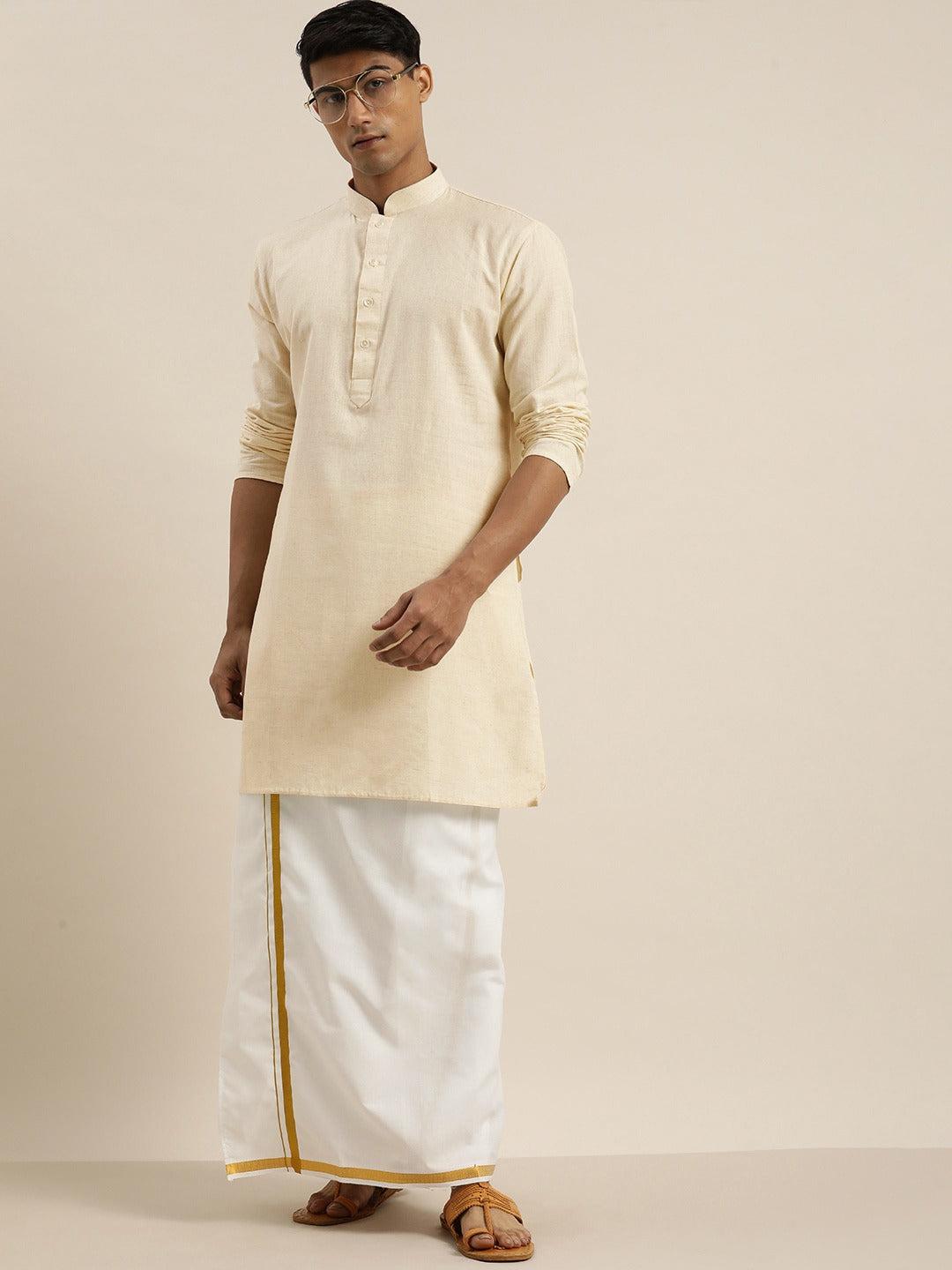 Sarvati Men Cream Pure Cotton Kurta with Mundu