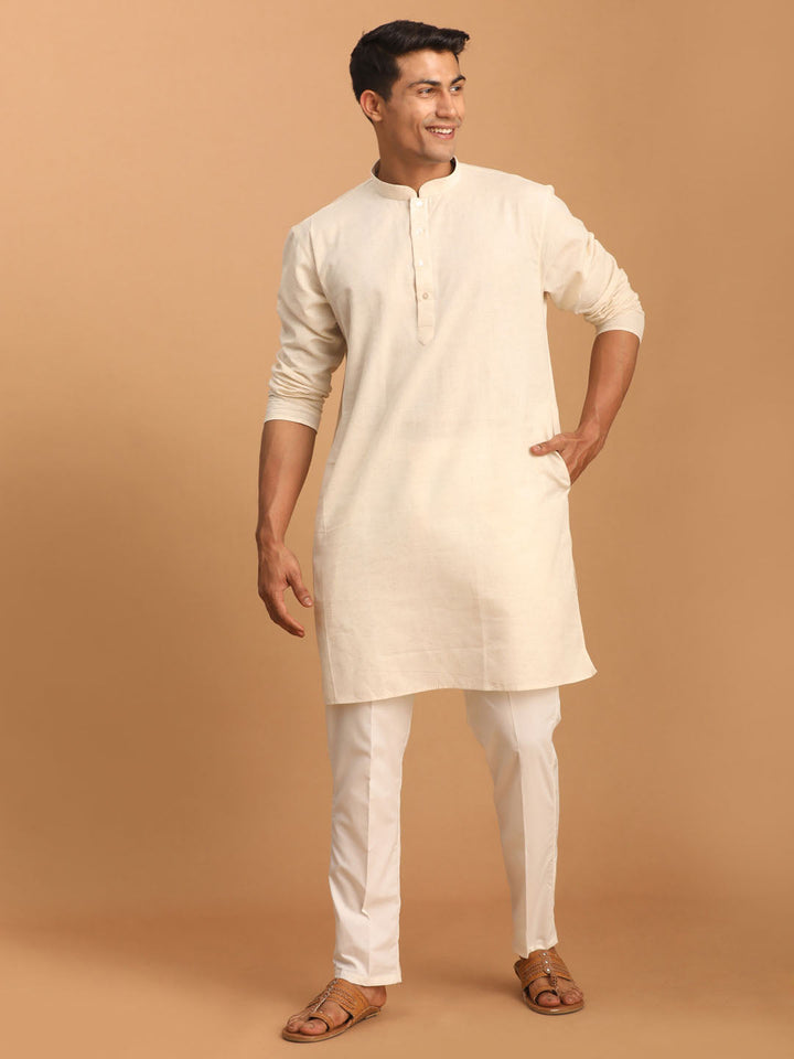 Sarvati Men's Cream Cotton Kurta with Cream Pant Set