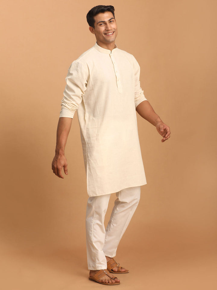 Men's Cream Cotton Kurta With Cream Pant Set