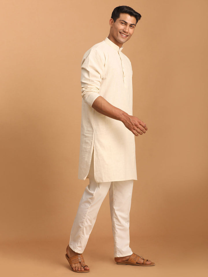 Sarvati Men's Cream Cotton Kurta with Cream Pant Set