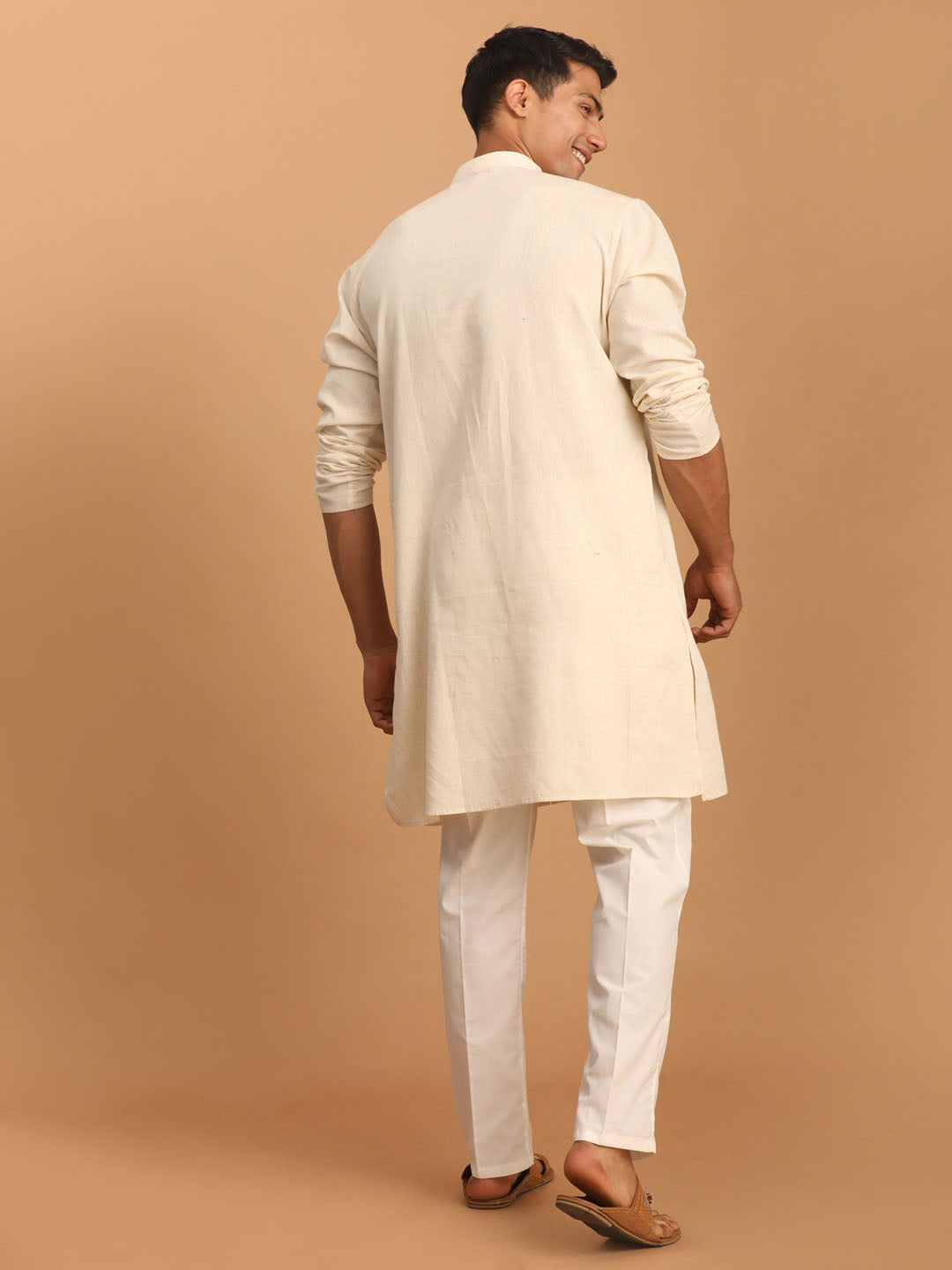 Sarvati Men's Cream Cotton Kurta with Cream Pant Set