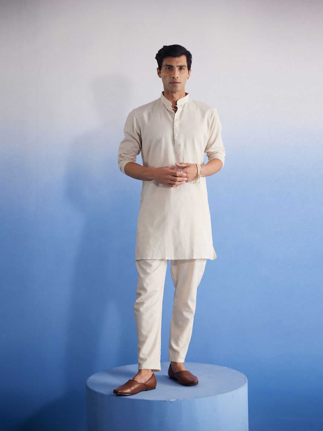 Sarvati Men's Cream Cotton Kurta with Cream Pant Set