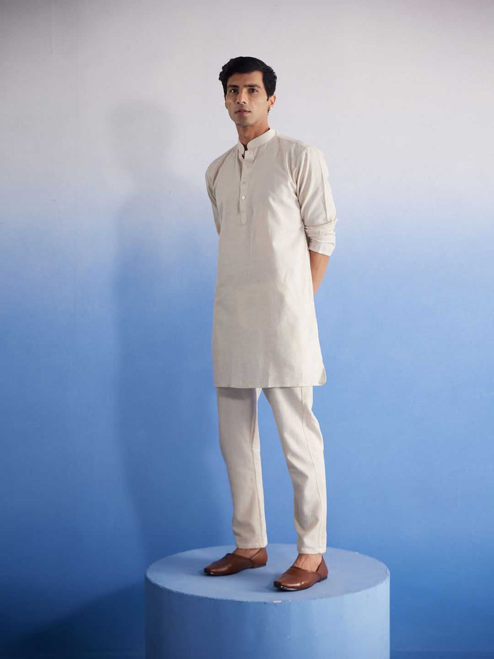 Sarvati Men's Cream Cotton Kurta with Cream Pant Set