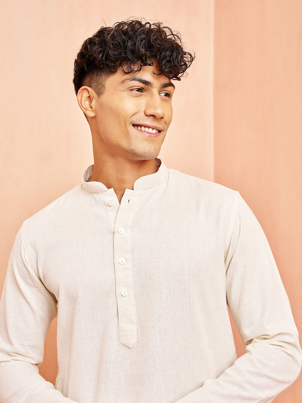 Men's Cream Mid Length Kurta with White Pant Set