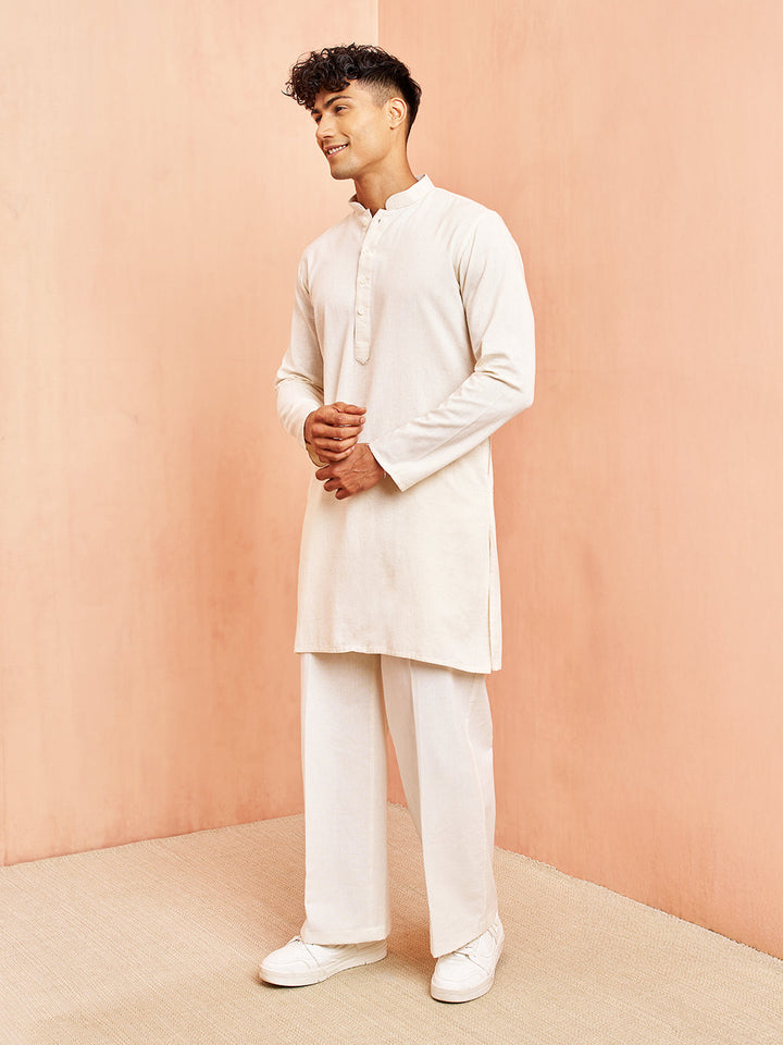 Men's Cream Mid Length Kurta with White Pant Set