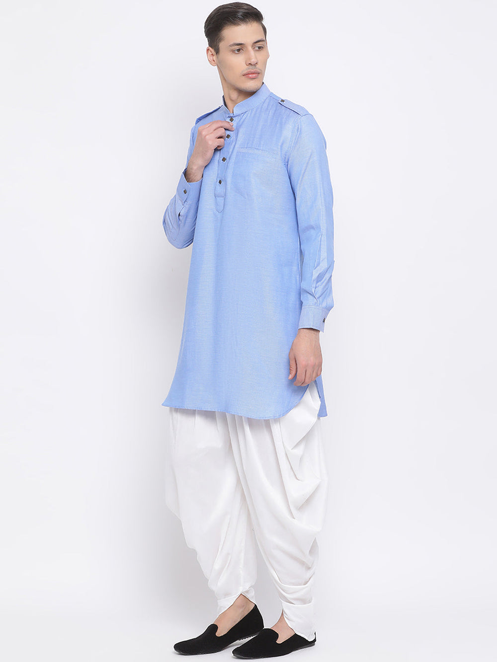 Sarvati Men's Blue Cotton Blend Kurta and Dhoti Set