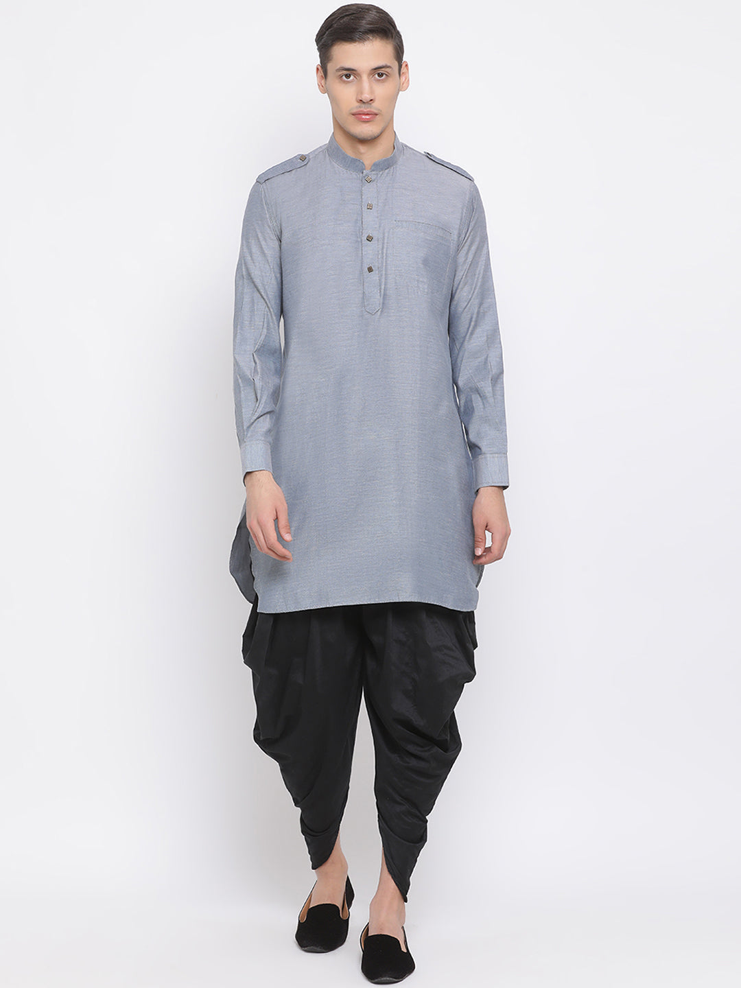 Sarvati Men's Grey Cotton Blend Kurta and Black Dhoti Set