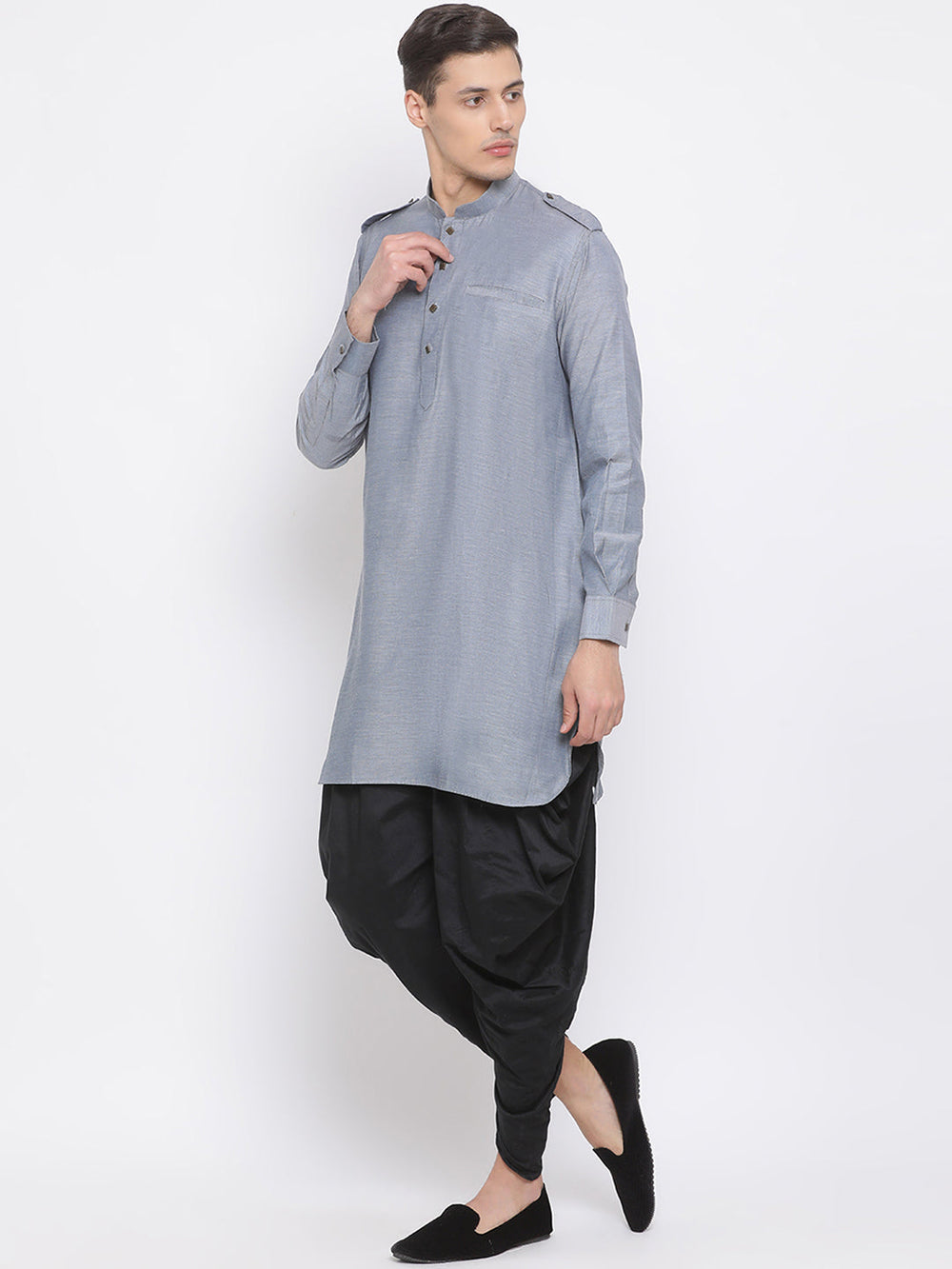 Sarvati Men's Grey Cotton Blend Kurta and Black Dhoti Set