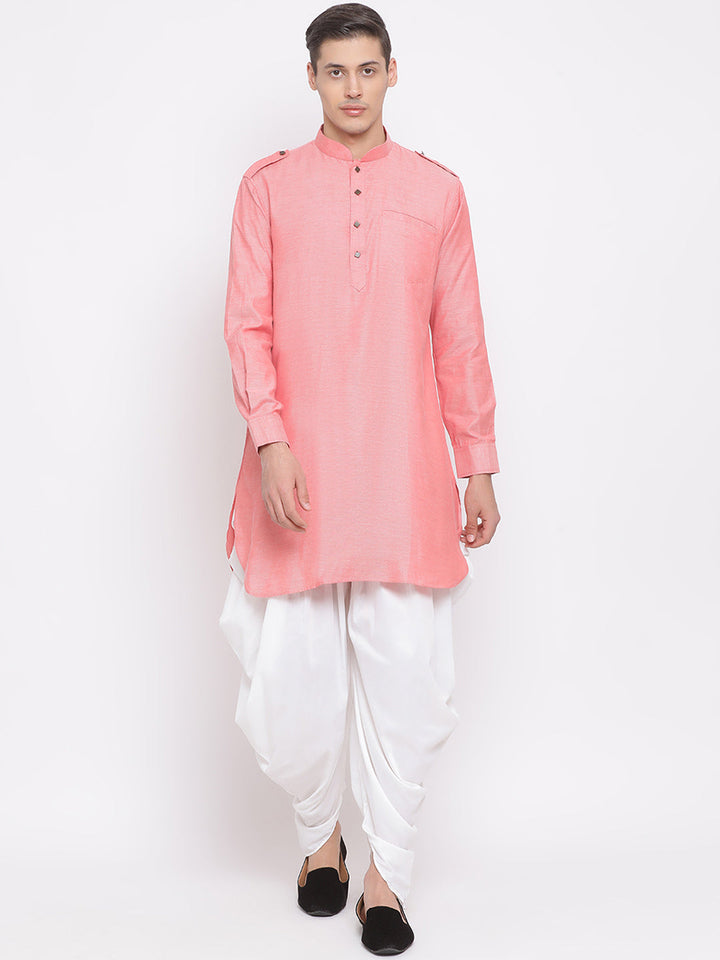 Sarvati Men's Red Cotton Blend Kurta and Dhoti Set