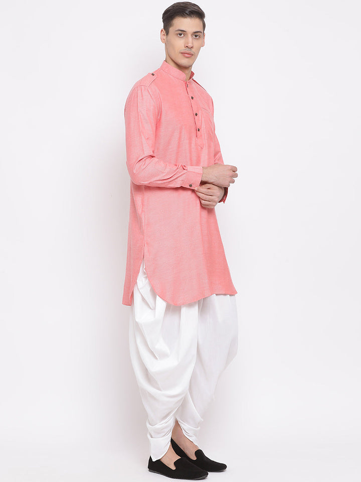 Sarvati Men's Red Cotton Blend Kurta and Dhoti Set