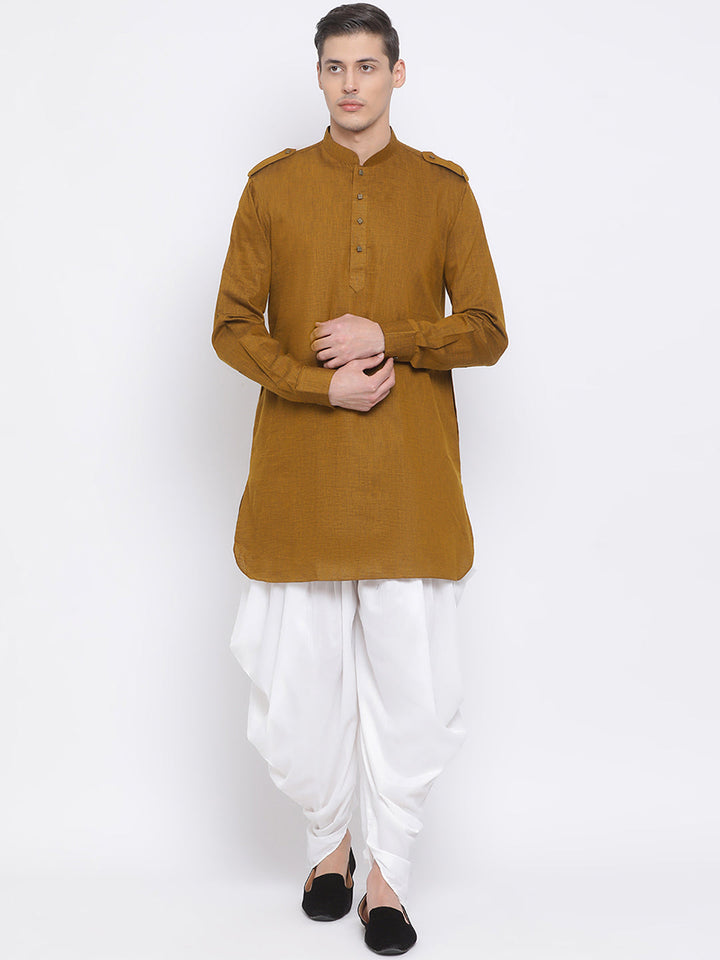 Sarvati Men's Brown Cotton Blend Kurta and White Dhoti Set