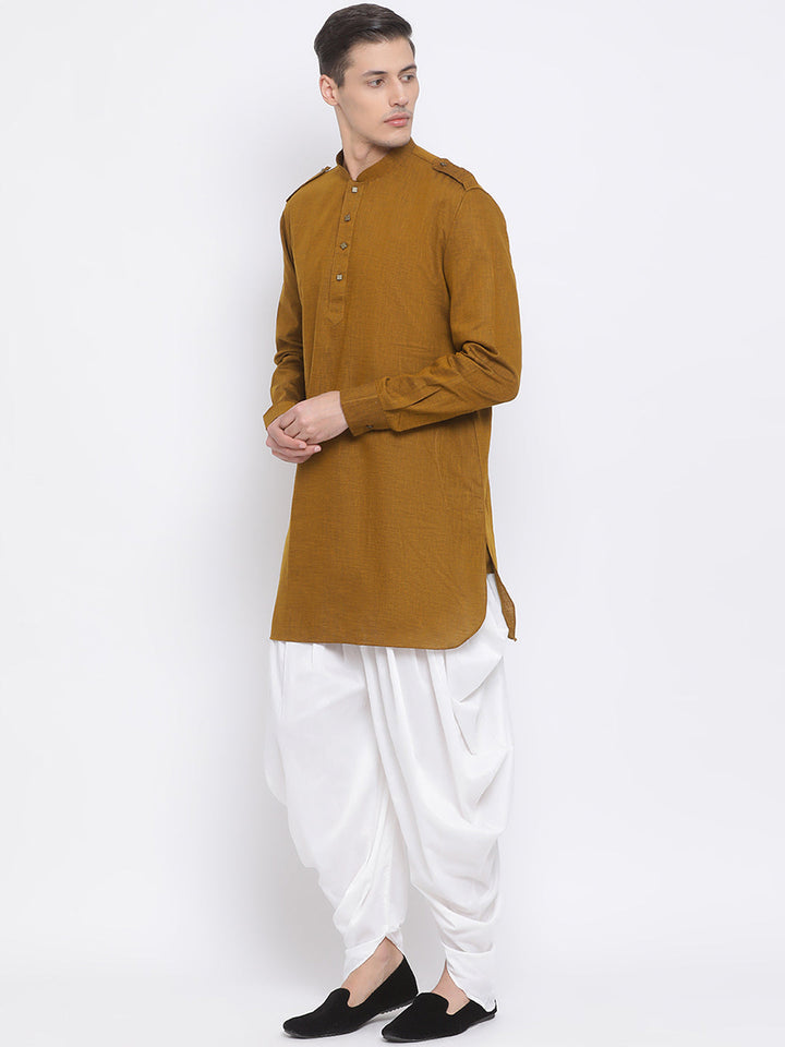 Sarvati Men's Brown Cotton Blend Kurta and White Dhoti Set