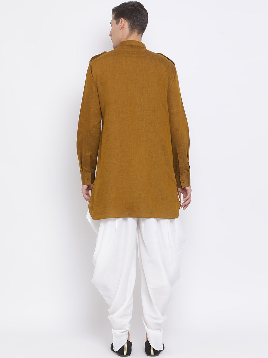 Sarvati Men's Brown Cotton Blend Kurta and White Dhoti Set