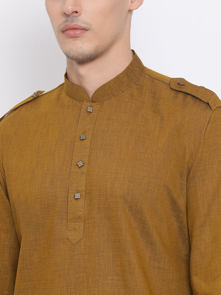 Sarvati Men's Brown Cotton Blend Kurta and White Dhoti Set