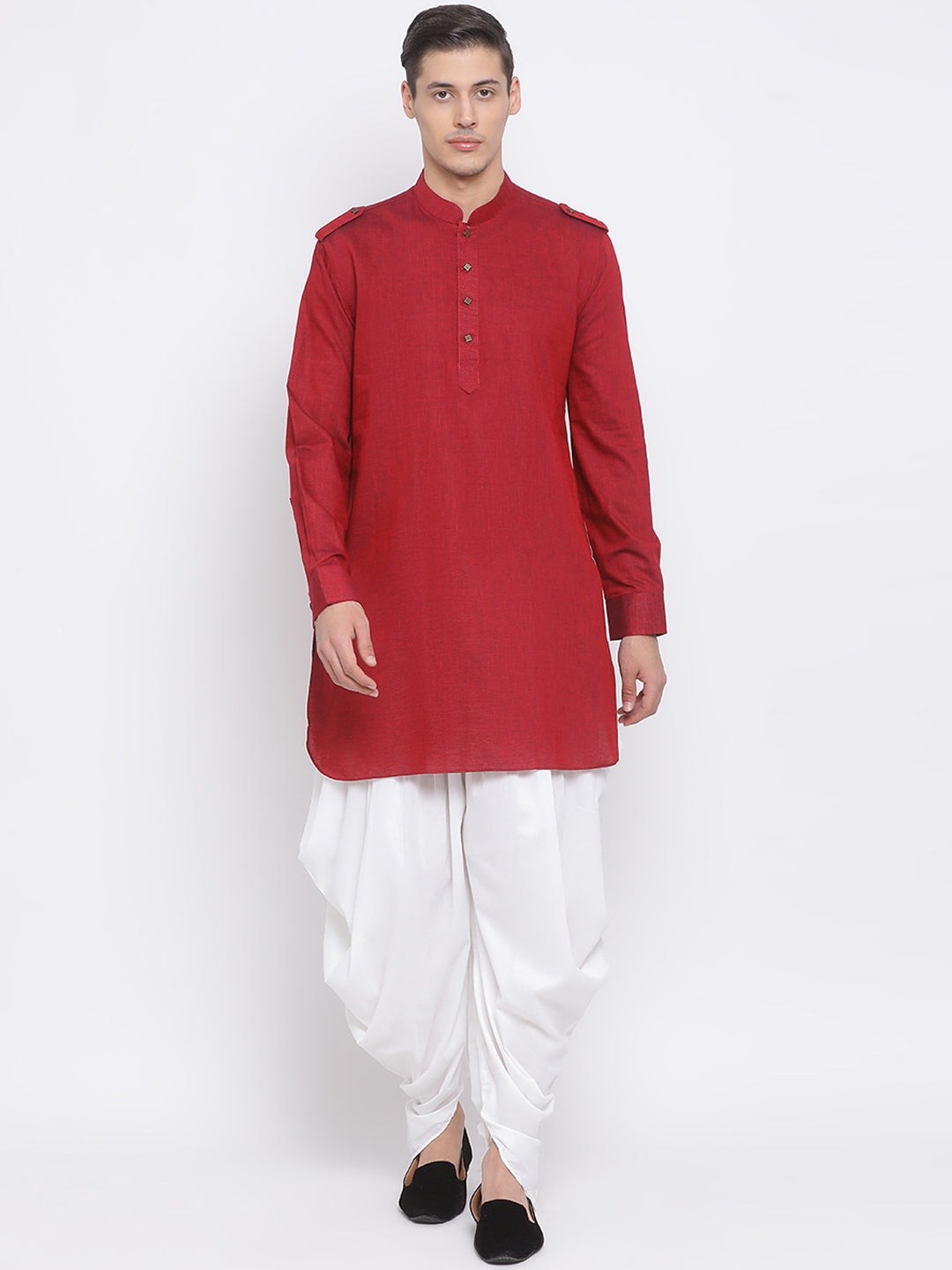 Sarvati Men's Maroon Cotton Blend Kurta and White Dhoti Set