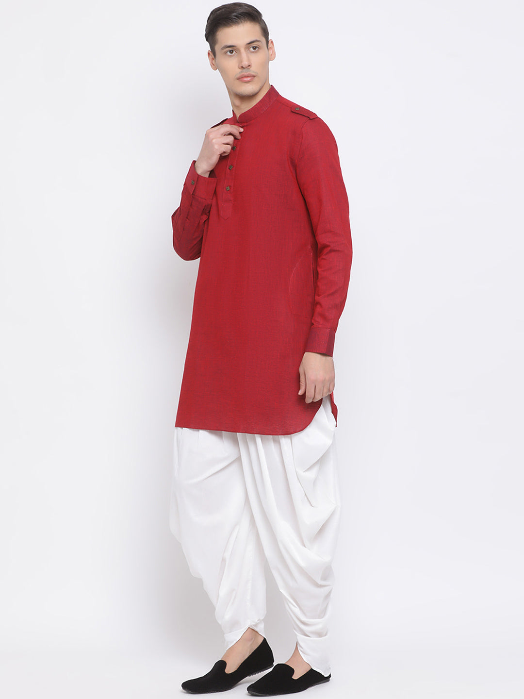 Sarvati Men's Maroon Cotton Blend Kurta and White Dhoti Set