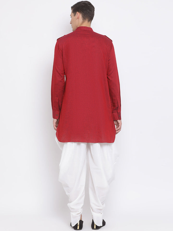 Sarvati Men's Maroon Cotton Blend Kurta and White Dhoti Set