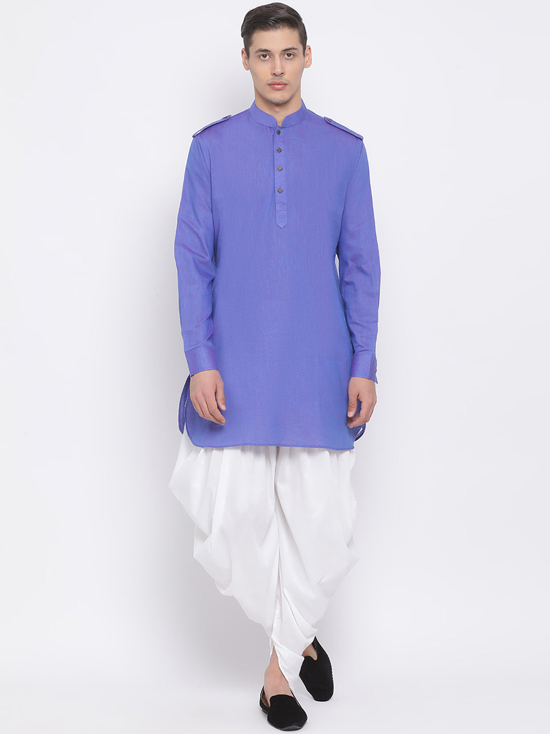 Sarvati Men's Purple Cotton Blend Kurta and White Dhoti Set