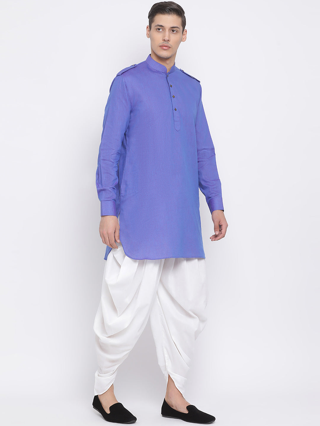 Sarvati Men's Purple Cotton Blend Kurta and White Dhoti Set