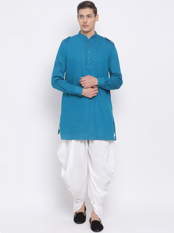 Sarvati Men's Turquoise Blue Cotton Blend Kurta and White Dhoti Set