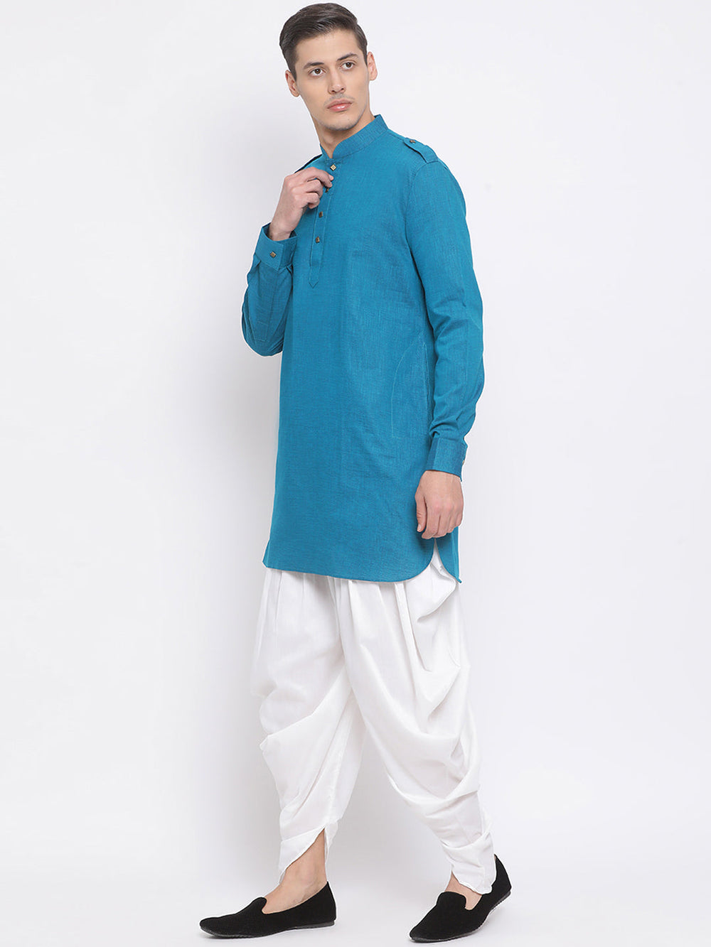 Sarvati Men's Turquoise Blue Cotton Blend Kurta and White Dhoti Set