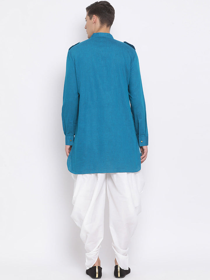 Sarvati Men's Turquoise Blue Cotton Blend Kurta and White Dhoti Set