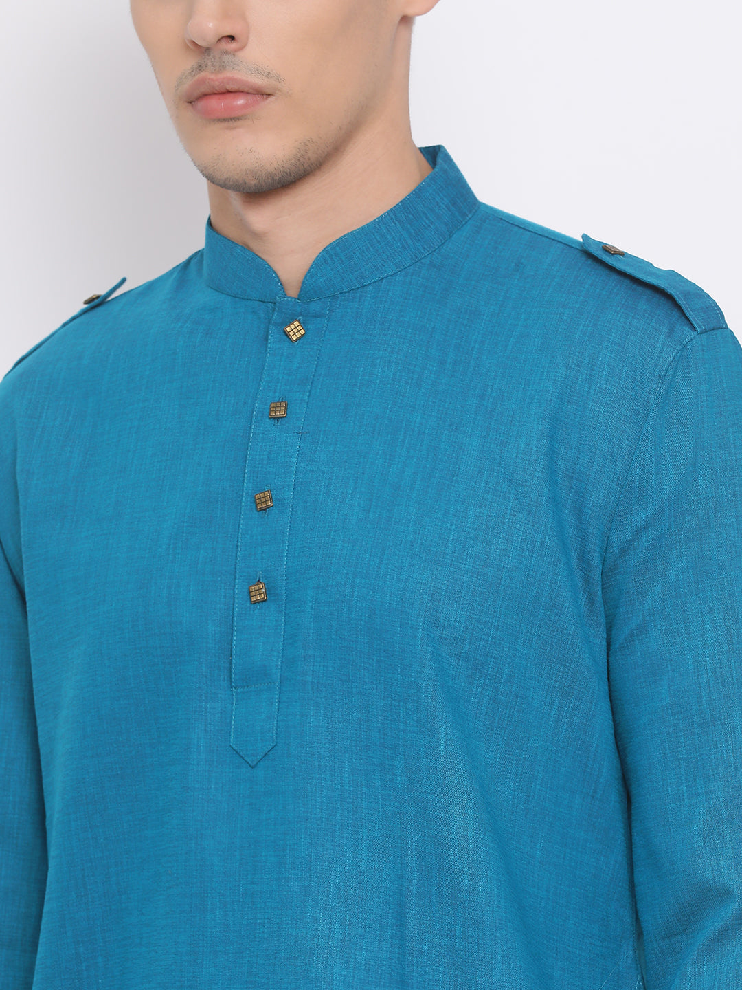 Sarvati Men's Turquoise Blue Cotton Blend Kurta and White Dhoti Set