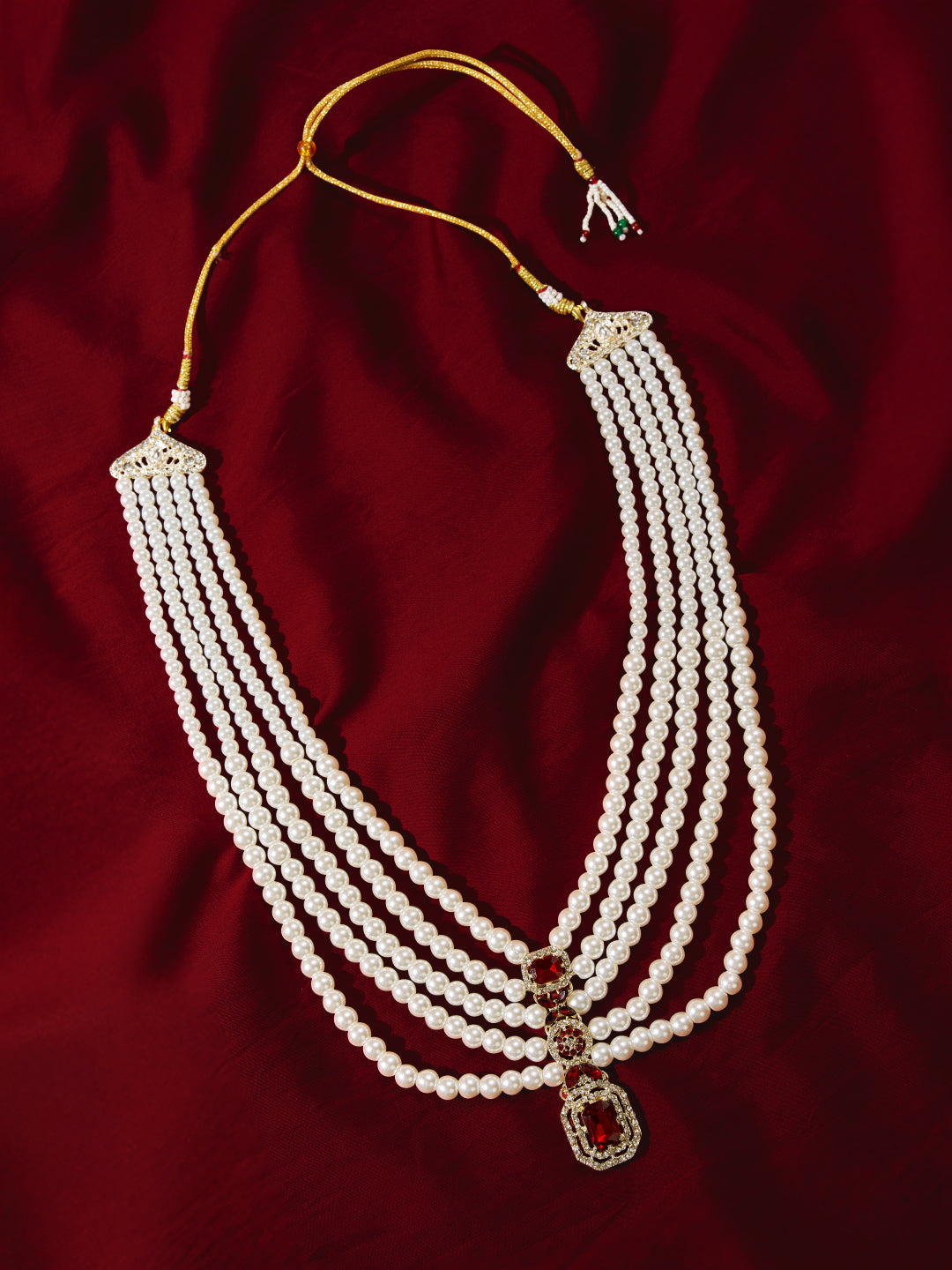 Men's Traditional Wedding Necklace - White Maroon Layered Pearl Design