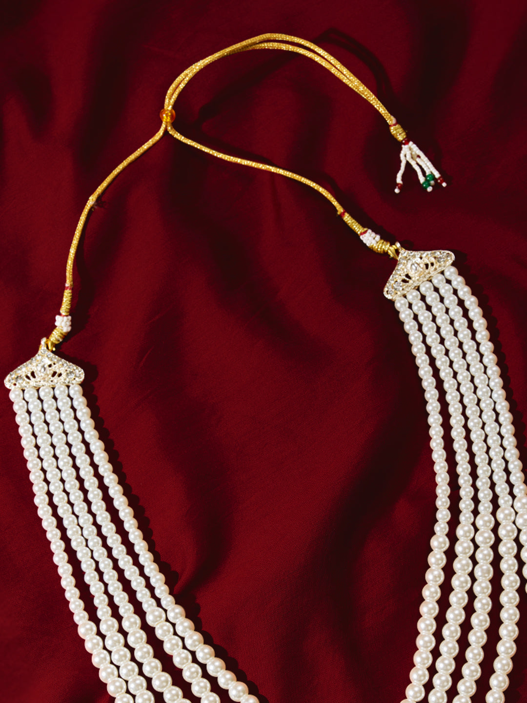 Men's Traditional Wedding Necklace - White Maroon Layered Pearl Design