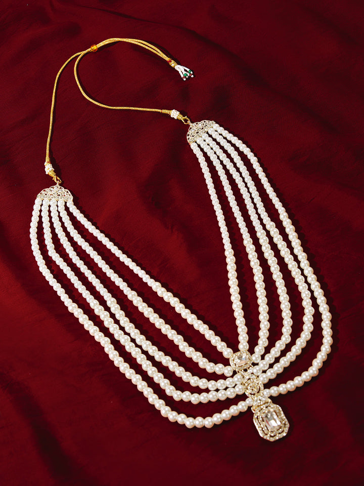 Traditional Men's Wedding Necklace - Cream Layered Pearl Rhinestone Design
