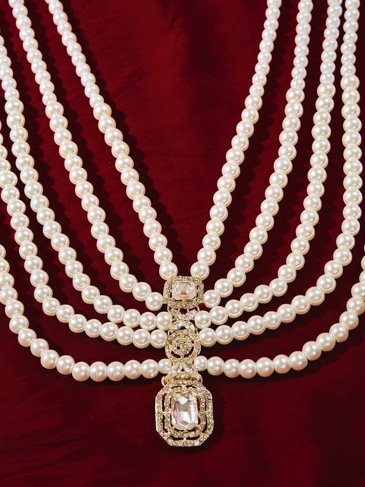 Traditional Men's Wedding Necklace - Cream Layered Pearl Rhinestone Design