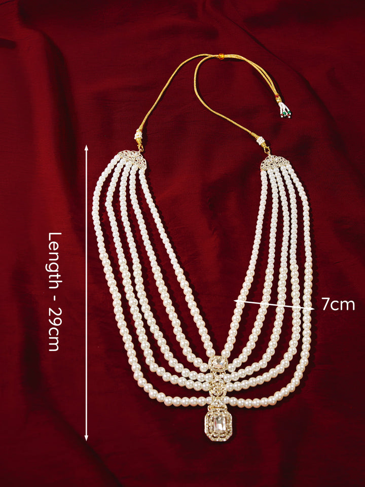 Traditional Men's Wedding Necklace - Cream Layered Pearl Rhinestone Design