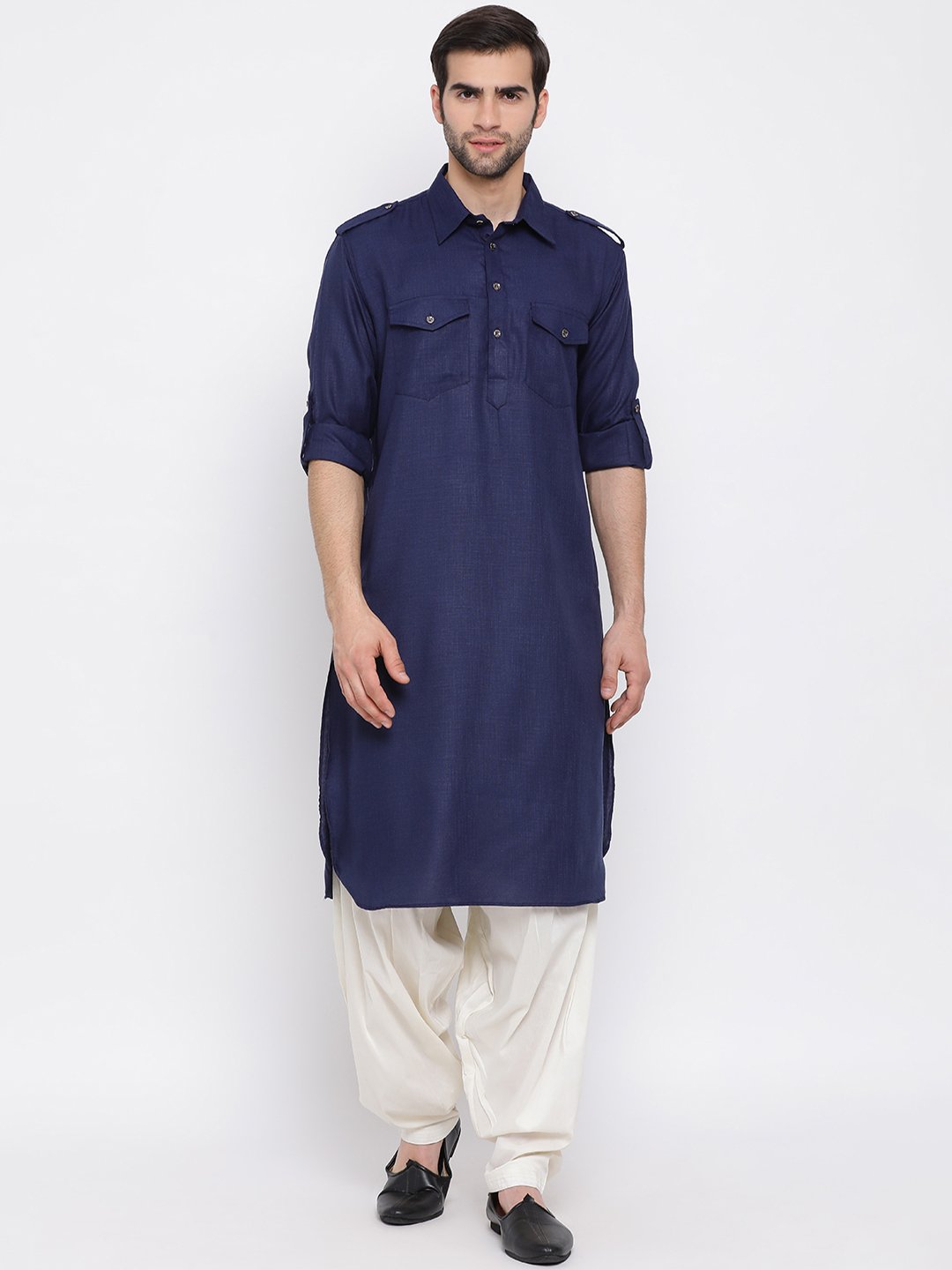 Sarvati Men's Blue Cotton Blend Pathani Suit Set
