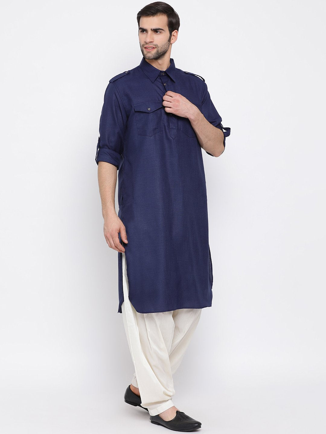 Sarvati Men's Blue Cotton Blend Pathani Suit Set