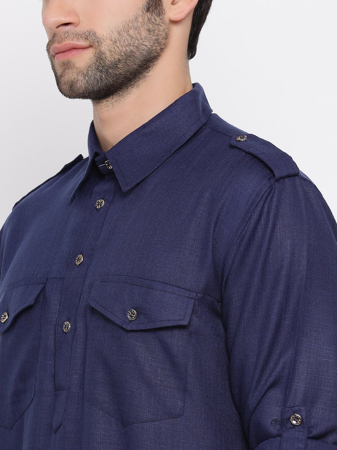 Sarvati Men's Blue Cotton Blend Pathani Suit Set