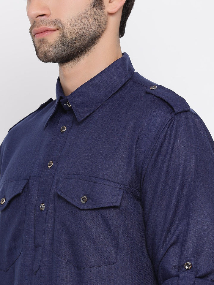 Sarvati Men's Blue Cotton Blend Pathani Suit Set