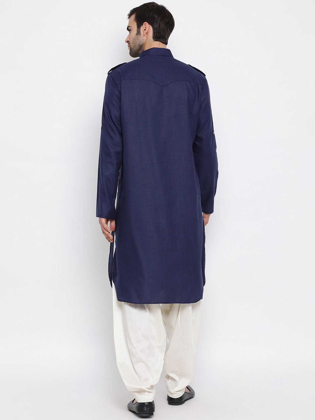 Sarvati Men's Blue Cotton Blend Pathani Suit Set